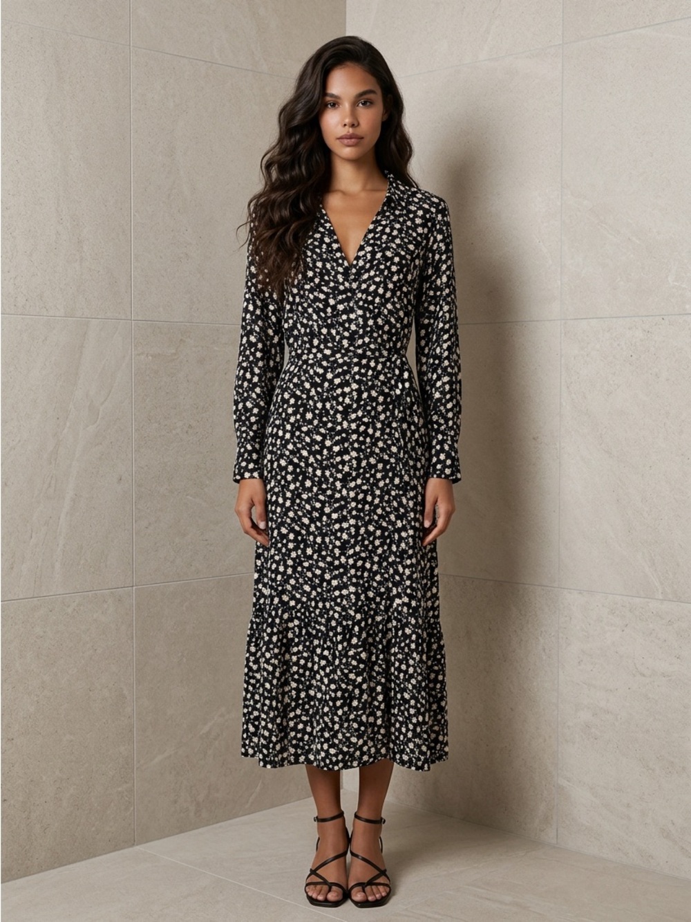 Black Floral Midi Dress | Cream Print | V-Neck Long Sleeve | 6 Medium